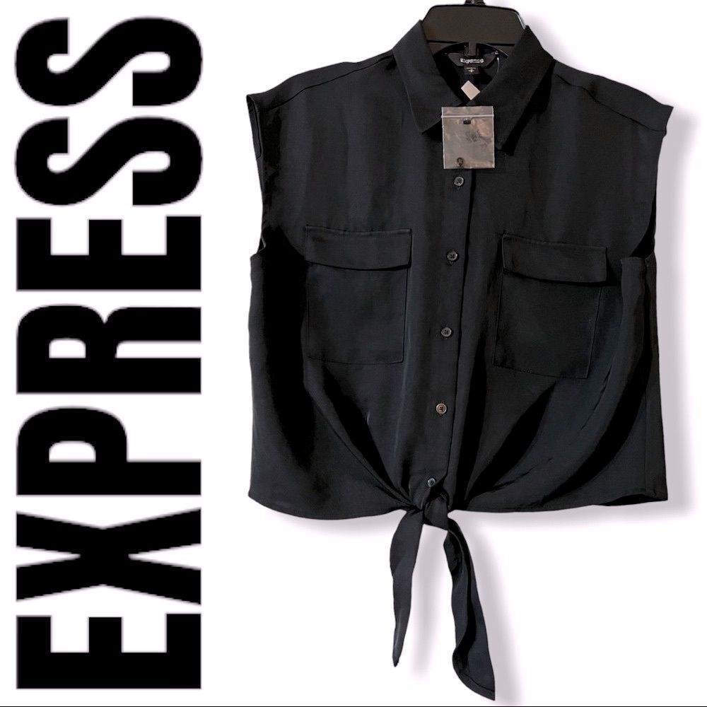 NWT EXPRESS Black front tie crop top, Sz Small. Collared button down
